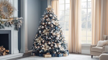 Wall Mural - Elegant Christmas tree decorated in gold and blue tones