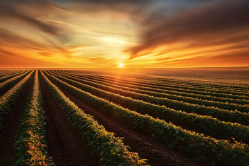 Sticker - Golden sunset casting warm light over endless rows of soy crops in a rural farmland