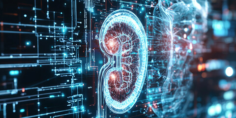 Poster - digital interface showcasing artificial kidney with glowing elements, representing advanced medical technology and innovation in healthcare