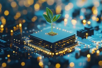 Poster - Green Sprout Emerging From A Technological Circuit Board