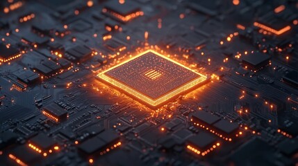 Leinwandbilder - Illuminated Microprocessor On Circuit Board Displaying Technology