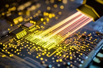 Leinwandbilder - Data streams flowing into a computer microchip