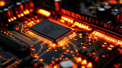 Poster - Illuminated Circuit Board Shows Microchip And Connections