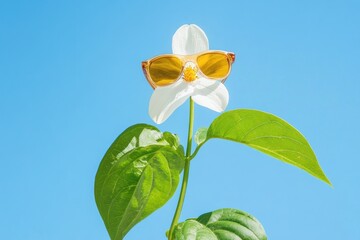 Poster - White Flower Wearing Yellow Sunglasses Against Blue Sky