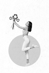 Wall Mural - Photo collage artwork minimal picture of happy smiling lady holding recycle signs flowers bunch isolated drawing background