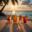© Pixel Matrix - Tropical beach sunset with artisanal cocktails on a sandy shore featuring palm silhouettes vibrant sky reflections and embodying the luxurious atmosphere of a carefree summer celebration