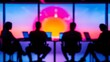 © Todd's Studio - Business team meeting in a modern office, vibrant colors, creative background, silhouettes of people sitting around a table with laptops and documents on it, colorful gradient glass walls,