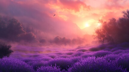 Wall Mural - Lavender Field Sunset Misty Mountains Peaceful Scene