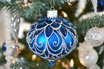 Poster - Elegant Blue Christmas Ornament On Tree