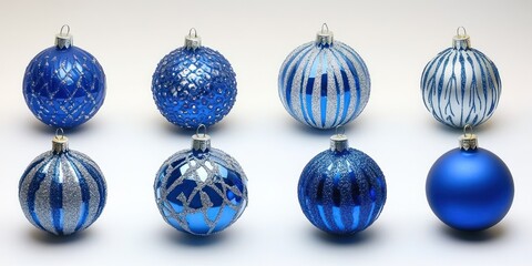 Sticker - Blue and Silver Christmas Ornaments Arranged on White Background