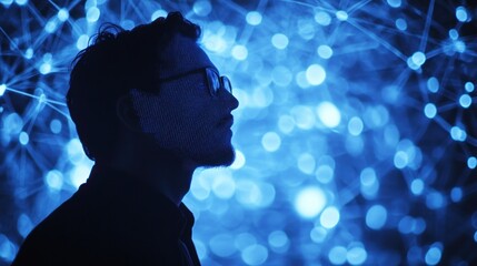Poster - Silhouetted Man Face Illuminated By Blue Network Lights