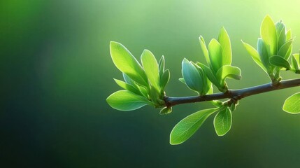 Leinwandbilder - Branch with Young Green Leaves Against a Blurry Green Background