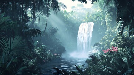 Wall Mural - Lush Tropical Waterfall Scene With Mist And Plants