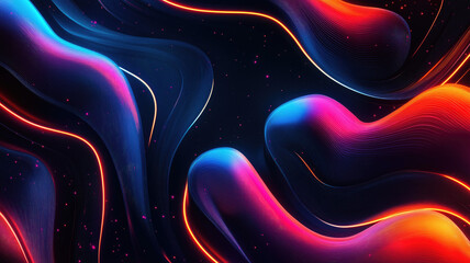 Wall Mural - Generative AI illustration of abstract geometric background with shiny smooth shapes and glowing neon lights in darkness