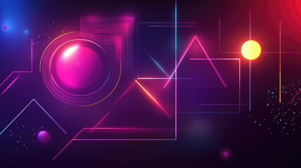 Wall Mural - Generative AI illustration of abstract geometric background with shiny smooth shapes and glowing neon lights in darkness