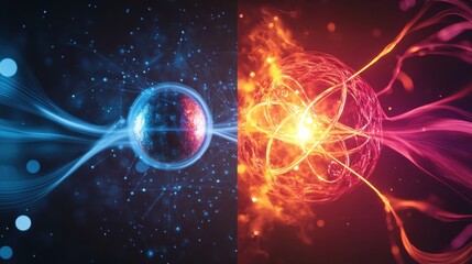 Leinwandbilder - A split-view concept depicting quantum mechanics with contrasting visuals of particles and energy waves in a dynamic setting