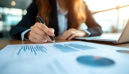 Leinwandbilder - Businesswoman Analyzing Data with Pen and Charts