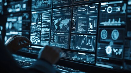 Poster - A Person Interacting With A Wall of Data-Filled Screens
