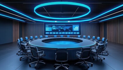 Poster - Modern Conference Room with Blue Lighting and Data Displays