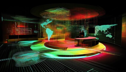 Leinwandbilder - Futuristic News Studio with World Map Projections and a Silhouetted Presenter