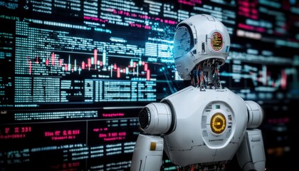 Leinwandbilder - A white humanoid robot with glowing eyes stands in front of a computer screen displaying data and code.