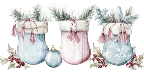 Poster - Watercolor Christmas Stockings and Ornament with Holly