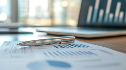 Leinwandbilder - A Silver Pen Resting on a Financial Report with Blue Bar Graphs