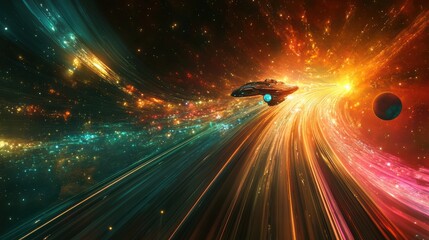 Poster - A dynamic spaceship navigates colorful cosmic trails in a vibrant galaxy during an interstellar journey