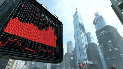 Poster - A Large Digital Stock Ticker Displaying a Red Downtrend in a Futuristic Cityscape
