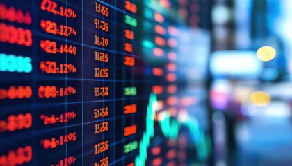 Aufkleber - Red and Blue Digital Display with Stock Market Data and City Lights in Background