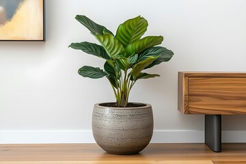 Wall Mural - Calathea Plant in Gray Pot on Wood Floor with Media Console
