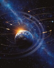 Poster - A detailed graphic representation of Earth in space showcasing its rotation with celestial trajectories and swirling stars