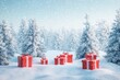 © PixelPulse Creative - A snowy winter wonderland scene with red gift boxes and snow-covered trees under a soft blue sky