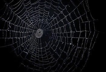 Wall Mural - A detailed spider web with intricate patterns against a dark background