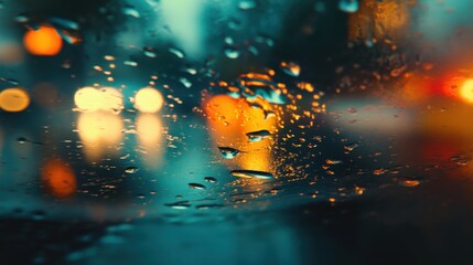 Poster - A close-up of a raindrop falling on a wet surface during a vibrant urban evening in warm, soft lighting