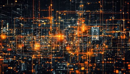 Aufkleber - Abstract Network Grid Over City Lights at Night