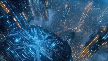 Poster - Futuristic Cityscape with Glowing Blue Lines and Structures