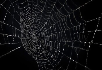 Wall Mural - A detailed spider web with intricate patterns against a dark background