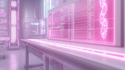 Poster - Pink-lit futuristic laboratory with a large screen displaying data and diagrams