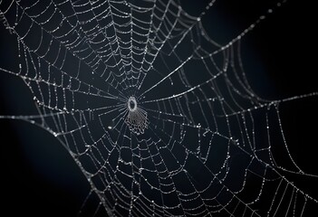 Wall Mural - A detailed spider web with intricate patterns against a dark background