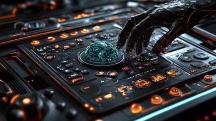 Aufkleber - Robotic Hand Interacting with a Futuristic Control Panel