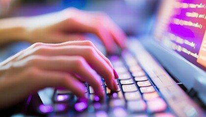 Aufkleber - Close-up of Female Hands Typing on a Laptop Keyboard with a Glowing Screen