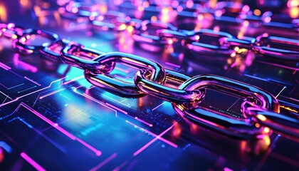 Poster - A Metal Chain Reflecting Neon Lights on a Circuit Board