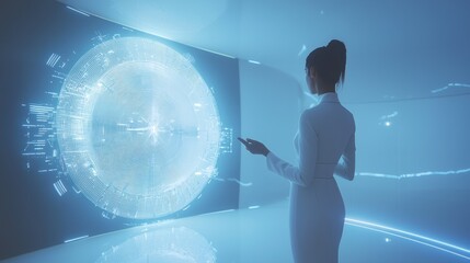 Poster - Woman in a White Suit Interacting with a Holographic Interface