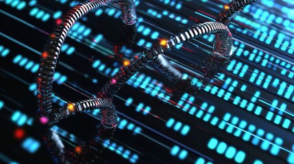 Poster - Abstract Digital DNA Structure with Glowing Blue and Red Elements