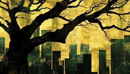 Poster - A Silhouette of a Tree Branch Over a Cityscape in Abstract Art Style