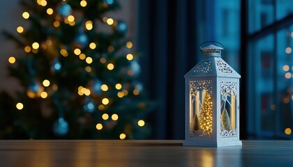 Poster - White Lantern with Miniature Christmas Trees on a Wooden Table