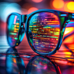 Wall Mural - computer program code and eye glasses closeup cyber information data software encryption security te