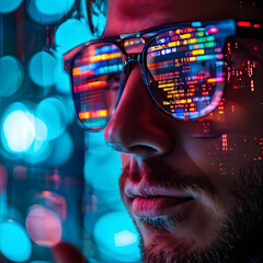 Wall Mural - binary computer code on hacker eye glasses cyber information data software security technology bokeh