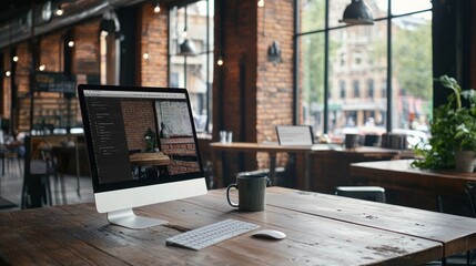 Poster - A Desktop Computer with a Cup and Keyboard on a Wooden Table in a Cafe